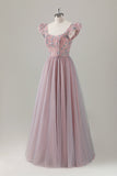 Grey Pink A-Line Floral Short Sleeves Long Prom Dress with Appliques