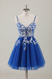 Sparkly Royal Blue Spaghetti Straps Short Dress with Appliques