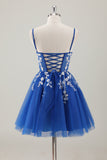 Sparkly Royal Blue Spaghetti Straps Short Dress with Appliques