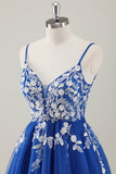 Sparkly Royal Blue Spaghetti Straps Short Dress with Appliques