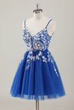 Sparkly Royal Blue Spaghetti Straps Short Dress with Appliques