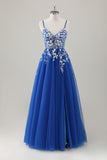 Royal Blue Glitter Appliqued Long Prom Dress with Slit