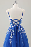 Royal Blue Glitter Appliqued Long Prom Dress with Slit