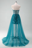 Dark Green Strapless Short Prom Dress with Detachable Tulle