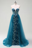 Peacock Blue Strapless Corset Applique Prom Dress