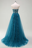 Peacock Blue Strapless Corset Applique Prom Dress