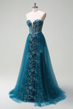 Peacock Blue Strapless Corset Applique Prom Dress