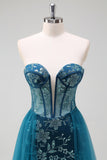 Peacock Blue Strapless Corset Applique Prom Dress