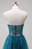 Peacock Blue Strapless Corset Applique Prom Dress