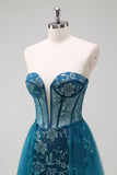 Peacock Blue Strapless Corset Applique Prom Dress