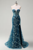 Peacock Blue Strapless Corset Applique Prom Dress