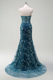 Peacock Blue Strapless Corset Applique Prom Dress