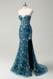 Peacock Blue Strapless Corset Applique Prom Dress