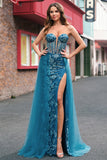 Bodycon Peacock Blue Corset Applique Prom Dress with Detachable Tulle