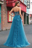 Bodycon Peacock Blue Corset Applique Prom Dress with Detachable Tulle