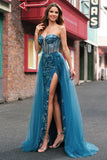 Bodycon Peacock Blue Corset Applique Prom Dress with Detachable Tulle