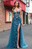 Bodycon Peacock Blue Corset Applique Prom Dress with Detachable Tulle