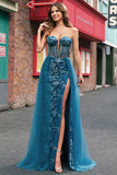 Bodycon Peacock Blue Corset Applique Prom Dress with Detachable Tulle