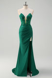 Green Mermaid Applique Sweetheart V-Neck Prom Dress with Slit