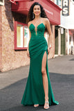 Green Mermaid Applique Sweetheart V-Neck Prom Dress with Slit