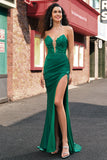 Green Mermaid Applique Strapless Ruched Prom Dress with Slit