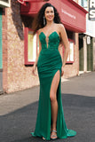 Green Mermaid Applique Strapless Ruched Prom Dress with Slit