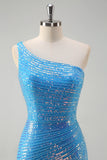 One Shoulder Sequined Bodycon Prom Dress with Slit