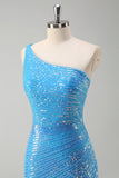 One Shoulder Sequined Bodycon Prom Dress with Slit