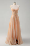 Glitter Champagne Strapless Corset Prom Dress with Slit