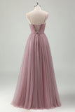 Grey Purple Spaghetti Straps Corset Applique Tulle Prom Dress