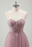 Grey Purple Spaghetti Straps Corset Applique Tulle Prom Dress