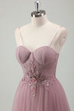 Grey Purple Spaghetti Straps Corset Applique Tulle Prom Dress