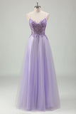 Glitter Purple Applique Sequined Tulle A-Line Prom Dress