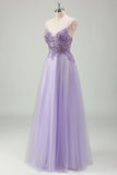 Glitter Purple Applique Sequined Tulle A-Line Prom Dress