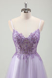 Glitter Purple Applique Sequined Tulle A-Line Prom Dress