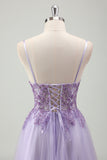 Glitter Purple Applique Sequined Tulle A-Line Prom Dress