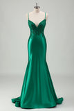 Green Luxury Satin Applique Mermaid Prom Dress with Criss Cross Back