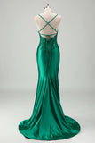 Green Luxury Satin Applique Mermaid Prom Dress with Criss Cross Back