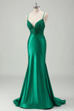 Green Luxury Satin Applique Mermaid Prom Dress with Criss Cross Back