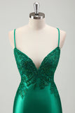 Green Luxury Satin Applique Mermaid Prom Dress with Criss Cross Back