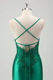 Green Luxury Satin Applique Mermaid Prom Dress with Criss Cross Back