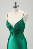 Green Luxury Satin Applique Mermaid Prom Dress with Criss Cross Back