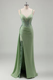 Light Green Applique Satin Bodycon Prom Dress with Slit