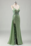 Light Green Applique Satin Bodycon Prom Dress with Slit