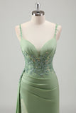 Light Green Applique Satin Bodycon Prom Dress with Slit