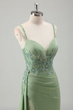 Light Green Applique Satin Bodycon Prom Dress with Slit