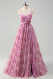 Pinkish Purple Floral A-Line Spaghetti Strap Sweetheart Prom Dress with Slit