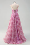 Pinkish Purple Floral A-Line Spaghetti Strap Sweetheart Prom Dress with Slit