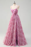 Pinkish Purple Floral A-Line Spaghetti Strap Sweetheart Prom Dress with Slit