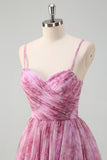 Pinkish Purple Floral A-Line Spaghetti Strap Sweetheart Prom Dress with Slit